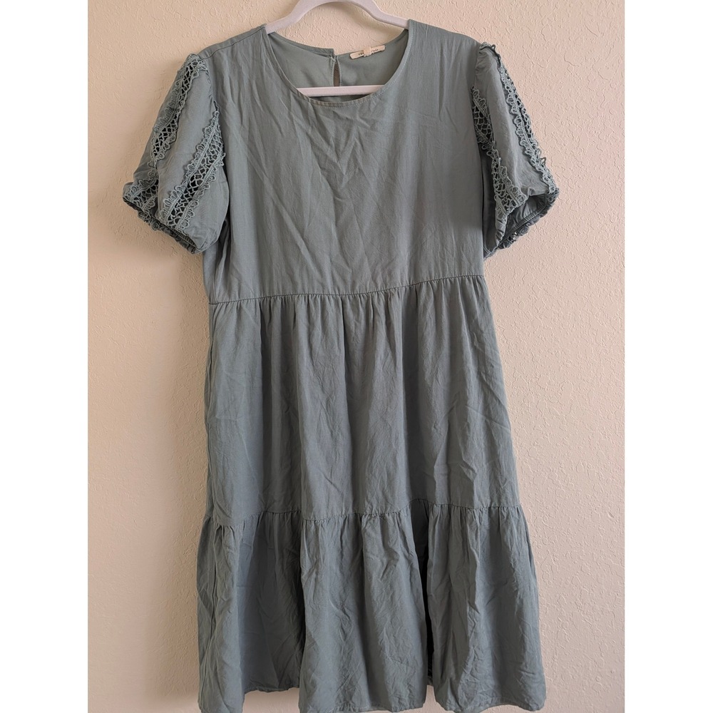Tea n Rose Sage Green Tiered Babydoll Dress Crochet Lace Sleeve Pockets Large